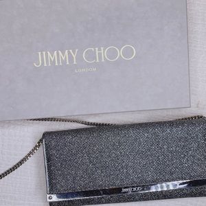 Jimmy Choo Margot Anthracite Silver Coated Glitter Clutch Bag